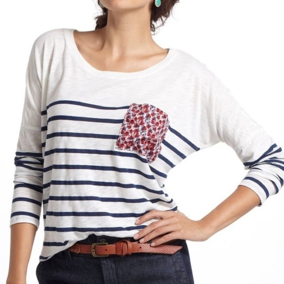ANTHROPOLOGIE T.LA Striped Floral Pocket Tee - Picture 1 of 5